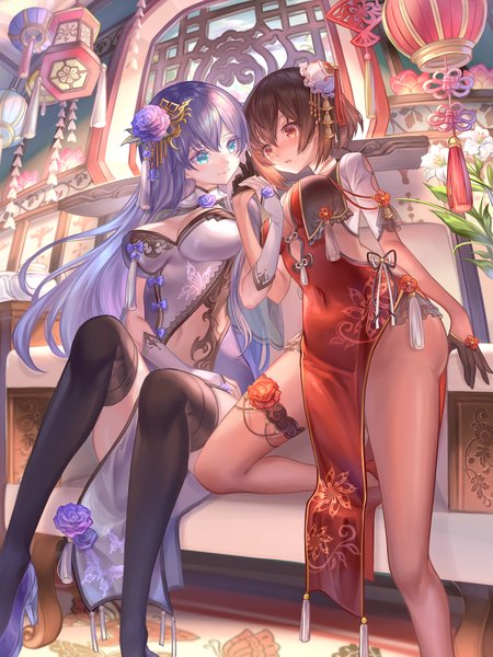 Anime picture 1500x2000 with original caperata (towahuyu) long hair tall image blush fringe short hair breasts open mouth blue eyes light erotic hair between eyes red eyes brown hair large breasts standing sitting multiple girls payot cleavage