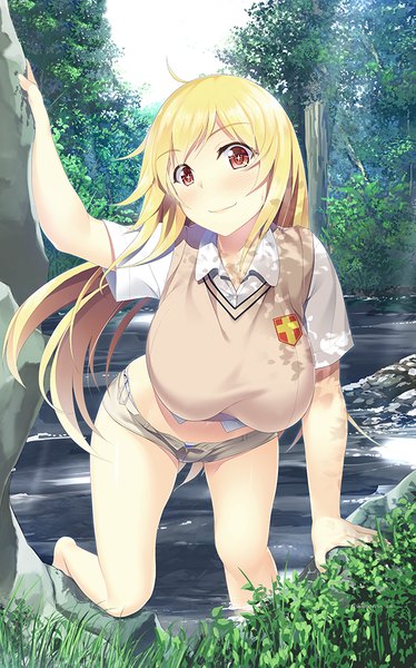 Anime picture 591x946 with to aru kagaku no railgun j.c. staff shokuhou misaki homura k single long hair tall image looking at viewer blush breasts light erotic blonde hair large breasts brown eyes barefoot bare legs leaning leaning forward river + +