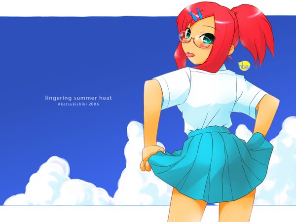 Anime picture 1600x1200 with long hair green eyes sky cloud (clouds) ponytail red hair pleated skirt from behind inscription turning head girl skirt hair ornament shirt glasses tongue hairclip akatsukishiki