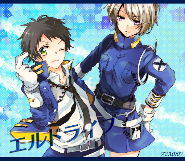 Anime picture 1000x874 with eldlive sonokata misuzu kokonose chuuta y_nase looking at viewer short hair blonde hair smile brown hair standing purple eyes green eyes open clothes open jacket hand on hip hieroglyph girl boy skirt gloves