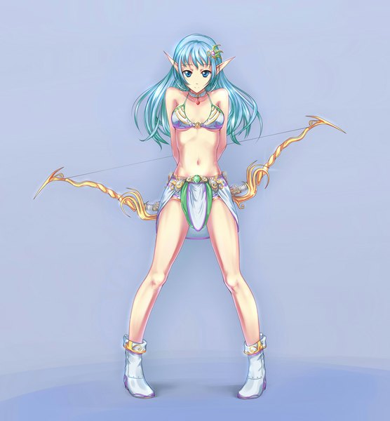 Anime picture 926x1000 with original atomix single long hair tall image light erotic simple background standing bare shoulders aqua eyes pointy ears aqua hair legs blue background hands behind back elf girl navel hair ornament weapon