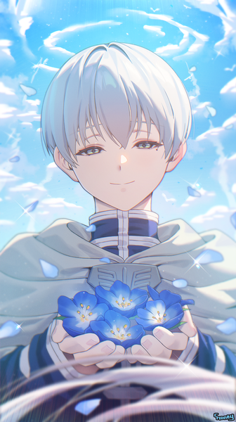 Anime picture 1120x2000 with sousou no frieren himmel (sousou no frieren) choney single tall image looking at viewer fringe short hair smile hair between eyes sky silver hair cloud (clouds) upper body mole mole under eye silver eyes boy flower (flowers)