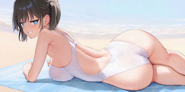 Anime picture 2048x1024 with original mignon single looking at viewer fringe highres short hair breasts blue eyes light erotic black hair smile wide image large breasts outdoors ass lying blunt bangs from behind sunlight