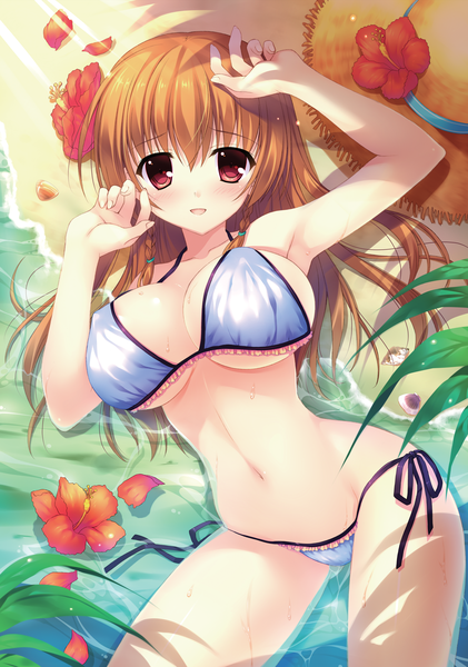 Anime picture 3702x5276 with alia's carnival! asamiya shiina nanao naru single long hair tall image looking at viewer blush highres breasts light erotic red eyes brown hair large breasts absurdres lying scan bare belly shadow on back
