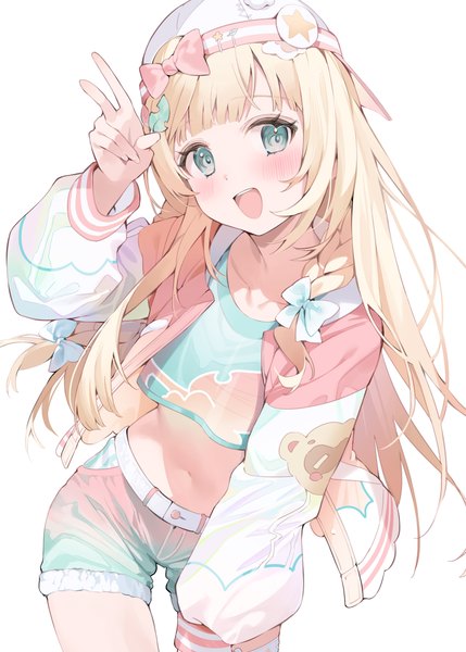 Anime picture 1814x2537 with virtual youtuber hololive kazama iroha kazama iroha (streetwear) kazama iroha (3rd costume) hana mori single long hair tall image looking at viewer blush fringe highres open mouth simple background blonde hair smile standing white background green eyes