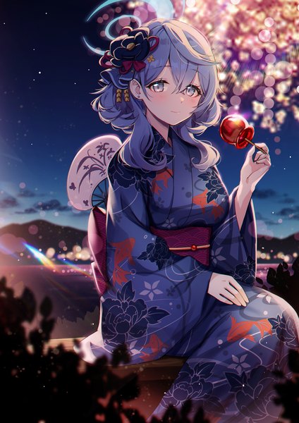 Anime picture 992x1403 with blue archive ako (blue archive) picter single long hair tall image looking at viewer fringe blue eyes hair between eyes sitting blue hair traditional clothes japanese clothes night mountain animal print fireworks fish print girl