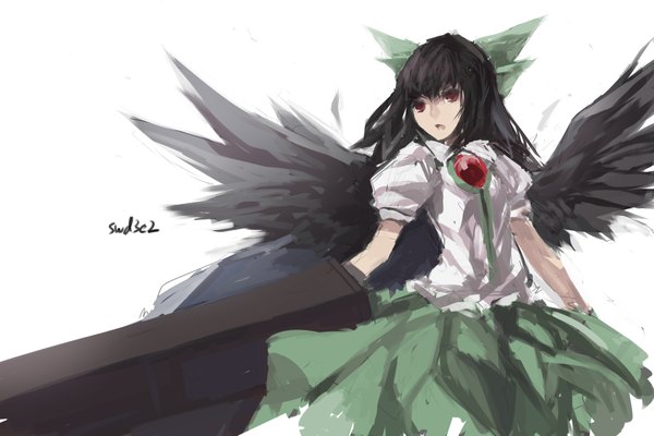 Anime picture 2125x1417 with touhou reiuji utsuho swd3e2 single long hair looking at viewer highres black hair simple background red eyes white background signed puffy sleeves black wings girl skirt bow weapon hair bow wings