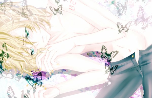 Anime picture 1240x800 with vocaloid migikata no chou (vocaloid) kagamine len single short hair light erotic blonde hair looking away lying nail polish aqua eyes open clothes boy navel insect butterfly