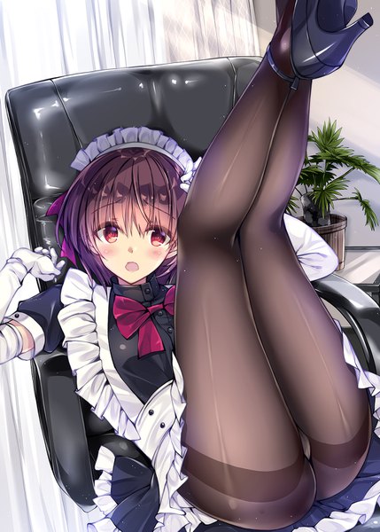 Anime picture 1110x1553 with original kobayashi chisato single tall image looking at viewer open mouth light erotic brown hair sitting brown eyes indoors maid high heels leg lift (legs lift) girl gloves uniform plant (plants) pantyhose elbow gloves