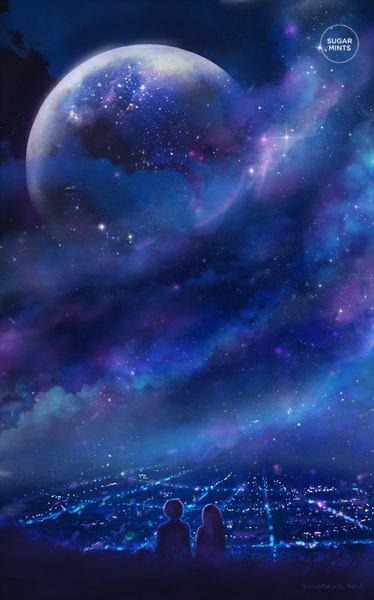 Anime picture 499x800 with original sugarmints tall image cloud (clouds) from behind night night sky city cityscape city lights milky way girl boy star (stars) planet