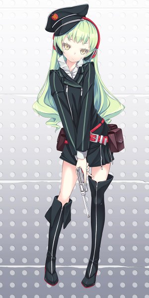 Anime picture 600x1200 with original hinasaki you single long hair tall image yellow eyes green hair girl weapon headphones gun thigh boots peaked cap fanny pack