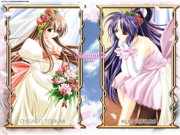 Anime picture 1024x768 with natural 2 duo toriumi kuu toriumi chisato long hair red eyes brown hair sitting multiple girls green eyes purple hair ponytail hair flower copyright name character names head rest girl dress gloves flower (flowers) bow