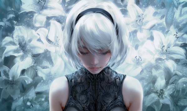 Anime picture 5077x3000 with nier nier:automata yorha no. 2 type b nixeu single fringe highres short hair hair between eyes wide image bare shoulders absurdres upper body white hair eyes closed lips realistic mole sleeveless portrait