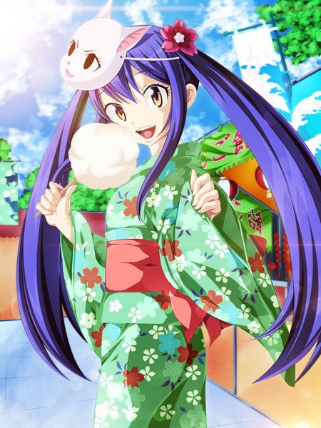 Anime-Bild 3600x4800 mit fairy tail wendy marvell salim202 single long hair tall image highres open mouth smile twintails brown eyes blue hair absurdres sky cloud (clouds) traditional clothes japanese clothes looking back hair flower sunlight