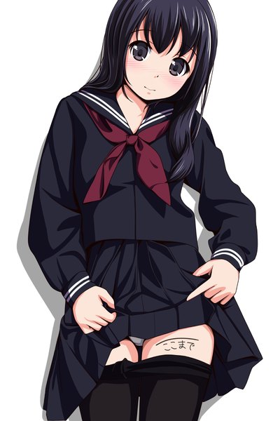 Anime picture 800x1200 with original matsunaga kouyou single long hair tall image blush light erotic black hair simple background white background black eyes pantyshot skirt lift girl underwear panties pantyhose black pantyhose