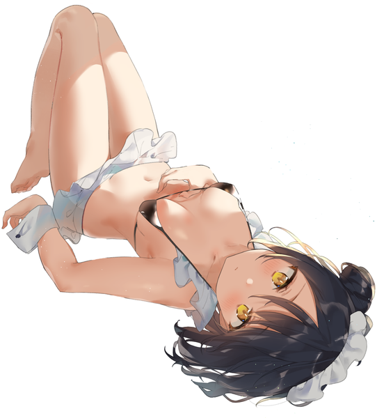 Anime picture 1190x1294 with original sabet (young ouo) single tall image looking at viewer fringe short hair breasts light erotic black hair simple background hair between eyes white background yellow eyes bent knee (knees) lying barefoot bare belly bare legs on back