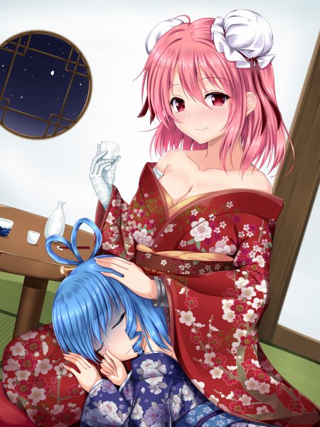Anime picture 900x1200 with touhou kaku seiga ibaraki kasen u2 (5798239) tall image looking at viewer blush short hair smile red eyes multiple girls blue hair pink hair traditional clothes japanese clothes light smile hair bun (hair buns) girl 2 girls kimono