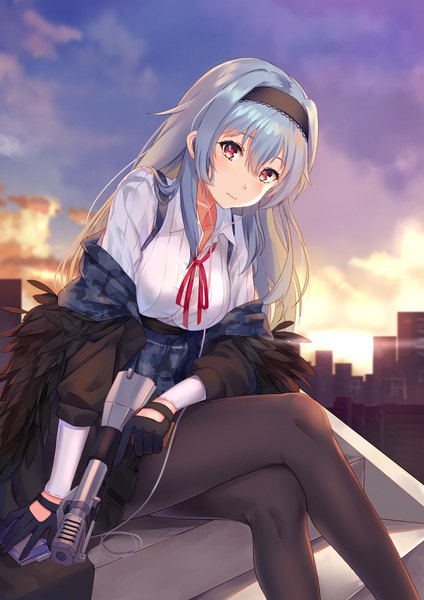 Anime picture 1240x1754 with girls frontline thunder (girls frontline) dance of eternity single long hair tall image looking at viewer blush fringe hair between eyes red eyes holding sky silver hair outdoors long sleeves arm support open jacket fur trim crossed legs