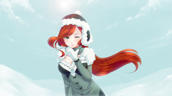 Anime picture 1280x720 with league of legends miss fortune (league of legends) kairui single long hair looking at viewer blush breasts wide image large breasts green eyes sky red hair one eye closed wind wink girl cap winter clothes