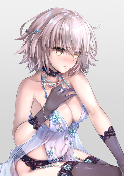 Anime picture 1191x1684 with fate (series) fate/grand order artoria pendragon (all) jeanne d'arc (fate) (all) jeanne d'arc alter (fate) artoria pendragon (lancer alter) hane yuki single tall image looking at viewer blush fringe short hair breasts light erotic simple background hair between eyes bare shoulders yellow eyes cleavage