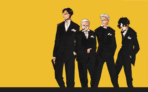 Anime picture 1920x1200 with littlewitch oyari ashito looking at viewer highres short hair black hair simple background smile brown hair wide image standing white hair multiple boys wallpaper hand in pocket yellow background hand on face formal old man boy