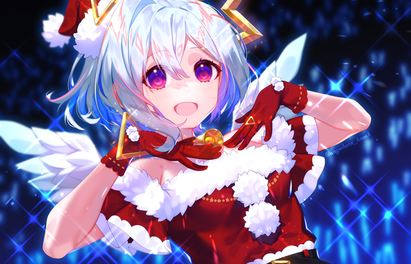 Anime picture 2254x1450 with virtual youtuber hololive amane kanata anywhere knock single fringe highres short hair open mouth hair between eyes purple eyes looking away silver hair upper body :d sparkle fur trim bell collar white wings girl
