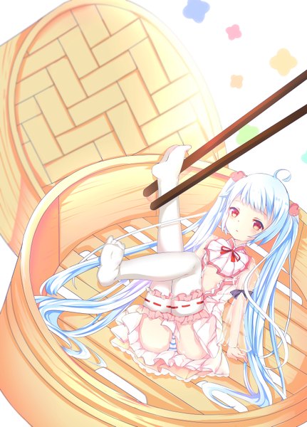 Anime picture 2480x3450 with eiba single tall image looking at viewer fringe highres light erotic simple background red eyes white background twintails payot blue hair ahoge bent knee (knees) lying very long hair blurry wide sleeves arm support