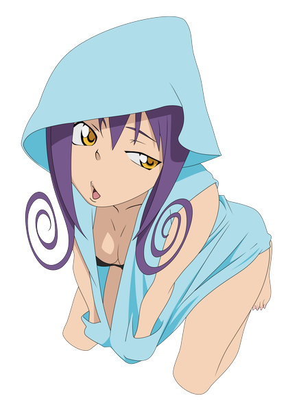 Anime picture 3021x4311 with soul eater studio bones blair mike-rmb single long hair tall image highres open mouth light erotic yellow eyes absurdres purple hair drill hair transparent background girl hood