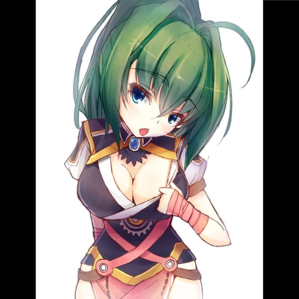Anime picture 2755x2755 with hitsugi no chaika studio bones akari acura if (asita) single long hair looking at viewer blush highres breasts open mouth blue eyes light erotic simple background white background cleavage ahoge ponytail green hair girl