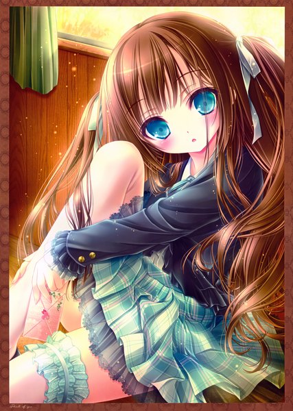 Anime picture 3484x4900 with original tinker bell single long hair tall image looking at viewer blush highres blue eyes brown hair absurdres scan girl dress ribbon (ribbons) hair ribbon frills letter love letter