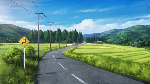 Anime picture 1920x1080 with jinki jinki resurrection giga feel (studio) tsunashima shirou highres wide image game cg sky cloud (clouds) no people landscape field plant (plants) tree (trees) building (buildings) grass forest wire (wires) road