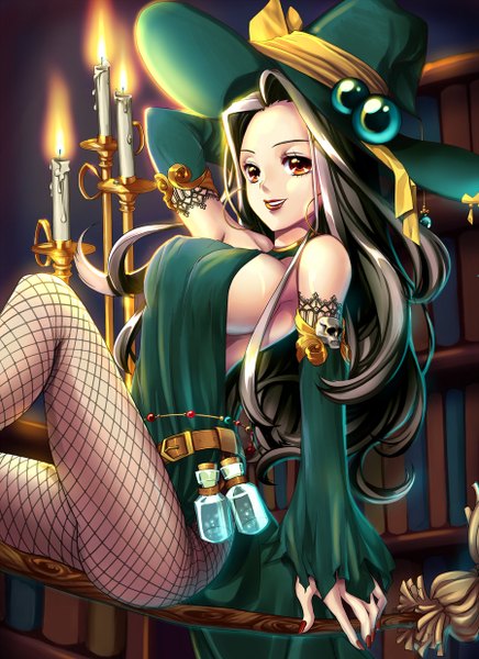 Anime picture 900x1238 with legend of minerva (game) lucidsky single long hair tall image breasts light erotic black hair smile large breasts nail polish lips orange eyes lipstick girl hat detached sleeves pantyhose book (books) skull