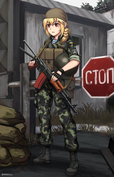 Anime-Bild 1650x2550 mit stalker (game) ndtwofives single long hair tall image fringe open mouth blonde hair red eyes standing holding payot looking away full body outdoors braid (braids) text side braid twisty sleeves military