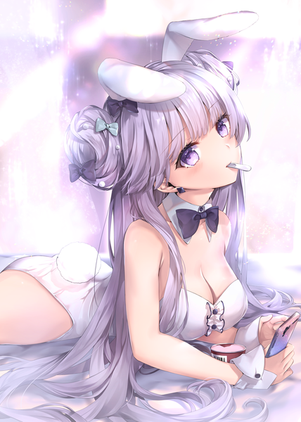 Anime picture 2918x4093 with original hane yuki single long hair tall image looking at viewer blush fringe highres breasts light erotic large breasts purple eyes bare shoulders holding animal ears cleavage purple hair tail lying