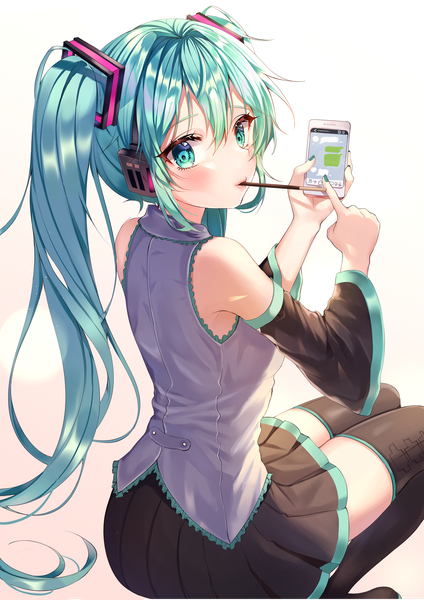 Anime picture 3720x5262 with vocaloid hatsune miku aina 156cm single long hair tall image looking at viewer blush fringe highres simple background hair between eyes white background sitting twintails bare shoulders holding payot absurdres nail polish