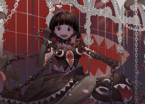 Anime-Bild 1024x739 mit super mario bros. new super mario bros. u deluxe princess chain chomp chain chomp kawacy single looking at viewer fringe short hair open mouth black hair holding sky ahoge indoors blunt bangs black eyes teeth sharp teeth torn pantyhose