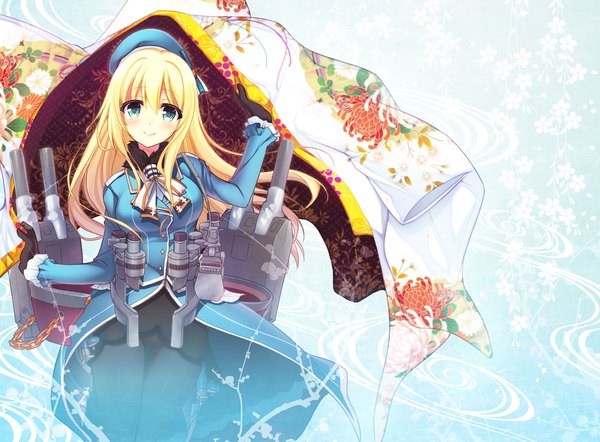 Anime picture 1200x885 with kantai collection atago heavy cruiser gunp single long hair looking at viewer blush blue eyes blonde hair smile traditional clothes japanese clothes floral print girl gloves uniform weapon pantyhose black gloves gun