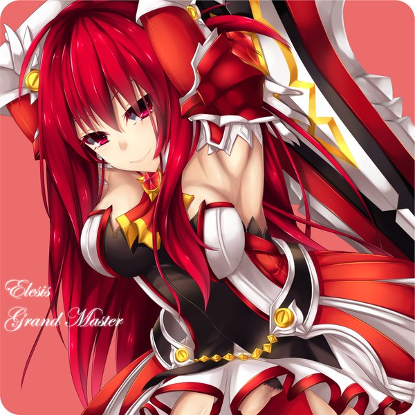 Anime picture 1498x1499 with elsword elesis (elsword) grand master (elsword) fi-san single long hair tall image looking at viewer light erotic smile red eyes red hair armpit (armpits) girl dress weapon detached sleeves sword
