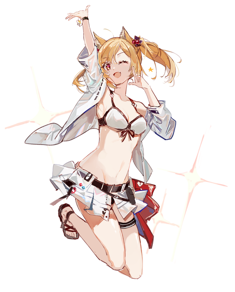 Anime picture 2500x3100 with arknights sora (arknights) sora (summer flowers) (arknights) karasu btk single long hair tall image looking at viewer highres open mouth light erotic simple background blonde hair red eyes white background twintails animal ears full body arm up official alternate costume