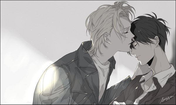 イラスト 1000x600 と banana fish mappa アッシュ・リンクス 奥村英二 kai28 前髪 短い髪 黒髪 hair between eyes wide image signed upper body eyes closed parted lips プロフィール grey hair sunlight open jacket multiple boys leaning