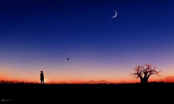 Anime picture 1900x1140 with naruto studio pierrot naruto (series) uchiha sasuke sanaa single highres short hair wide image standing signed sky crescent silhouette bare tree boy weapon plant (plants) animal sword