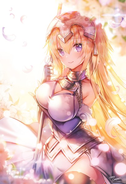 Anime picture 1000x1460 with fate (series) fate/grand order jeanne d'arc (fate) (all) jeanne d'arc (fate) apple caramel single long hair tall image looking at viewer blush fringe breasts light erotic blonde hair smile hair between eyes large breasts purple eyes bare shoulders signed