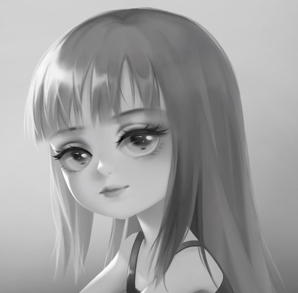 Anime picture 2541x2495 with one piece toei animation nico robin e 69 single long hair looking at viewer fringe highres simple background upper body blunt bangs grey background sleeveless monochrome face cute alternate age younger girl