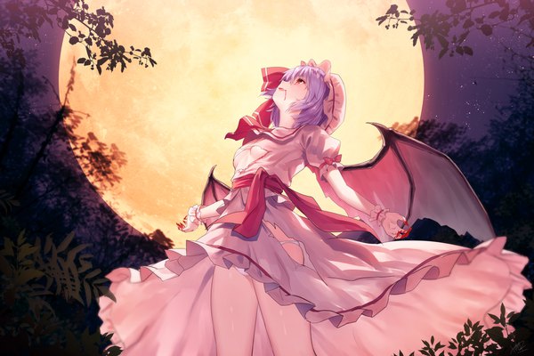 Anime picture 1920x1280 with touhou remilia scarlet yasuyuki single blush fringe highres short hair breasts open mouth light erotic hair between eyes red eyes standing purple hair outdoors profile fingernails light smile night