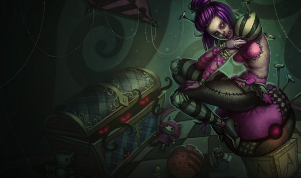 Anime picture 1215x717 with league of legends annie (league of legends) orianna (league of legends) single looking at viewer red eyes wide image sitting girl dress weapon toy stuffed animal ball key prosthesis chest