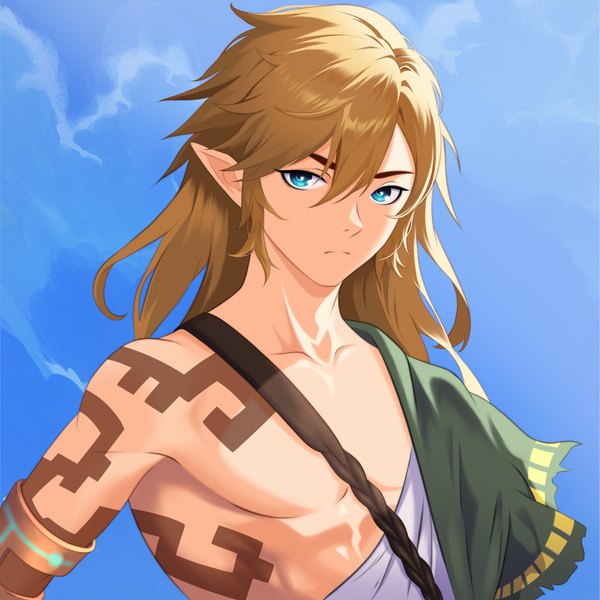 Anime picture 3000x3000 with the legend of zelda the legend of zelda: tears of the kingdom nintendo link aldrich single long hair looking at viewer fringe highres blue eyes blonde hair hair between eyes upper body pointy ears tattoo boy