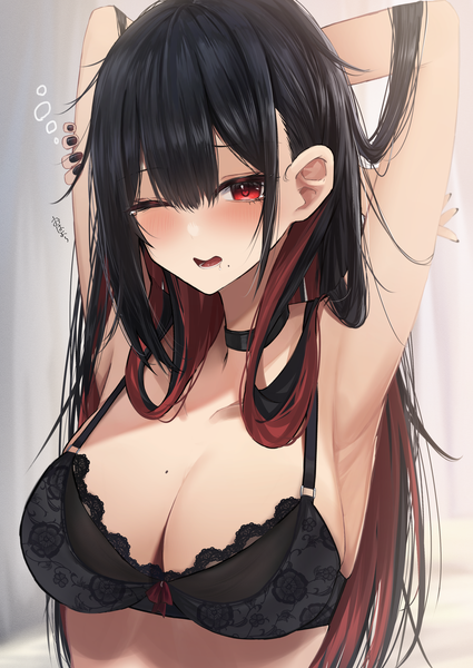 Anime picture 2508x3541 with original amane sora single long hair tall image looking at viewer blush fringe highres breasts open mouth light erotic black hair hair between eyes red eyes large breasts upper body red hair nail polish one eye closed