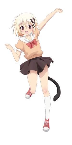 Anime picture 500x999 with alice or alice mako (alice or alice) kuwabara naoko single tall image looking at viewer blush fringe short hair open mouth simple background blonde hair hair between eyes standing white background brown eyes full body tail :d animal tail