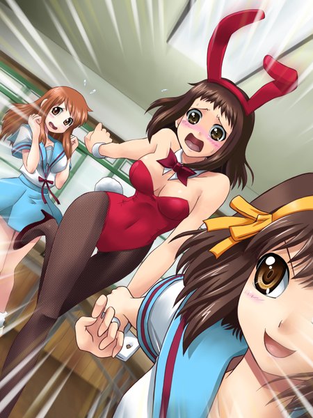 Anime picture 1200x1600 with suzumiya haruhi no yuutsu kyoto animation suzumiya haruhi asahina mikuru kyonko long hair tall image blush short hair open mouth brown hair multiple girls brown eyes high heels bunny ears embarrassed holding hands bunny girl bunny tail running