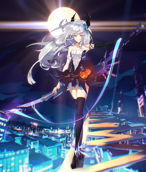 Anime picture 6260x7370 with original yushi quetzalli single long hair tall image highres blue eyes bare shoulders absurdres silver hair full body horn (horns) wind zettai ryouiki city cityscape girl thighhighs dress weapon